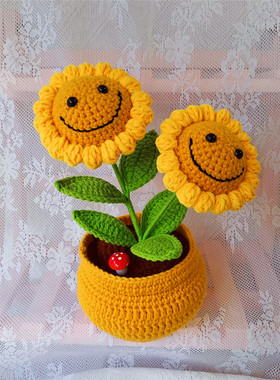 手工针织玫瑰花盆栽桌面摆件