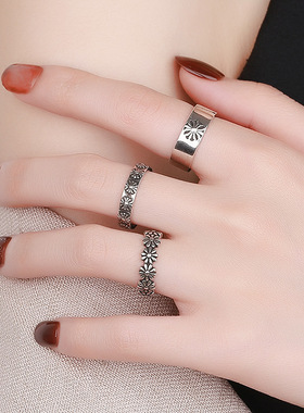 宁宁 个性蹦迪工艺小花朵泰银指环嘻哈时尚复古雏菊食指戒指女