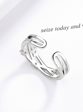 轻奢日系闪钻少女心波浪线条戒指