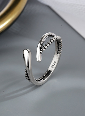 双层交叉酷帅风做旧流苏开口戒指