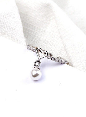 甜美风心形波浪镶钻吊坠珍珠戒指