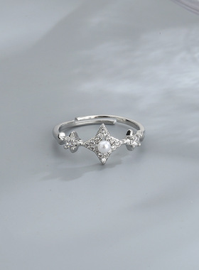 宁宁 四角星星戒指女日式风设计感气质珍珠闪钻四芒星开口指环