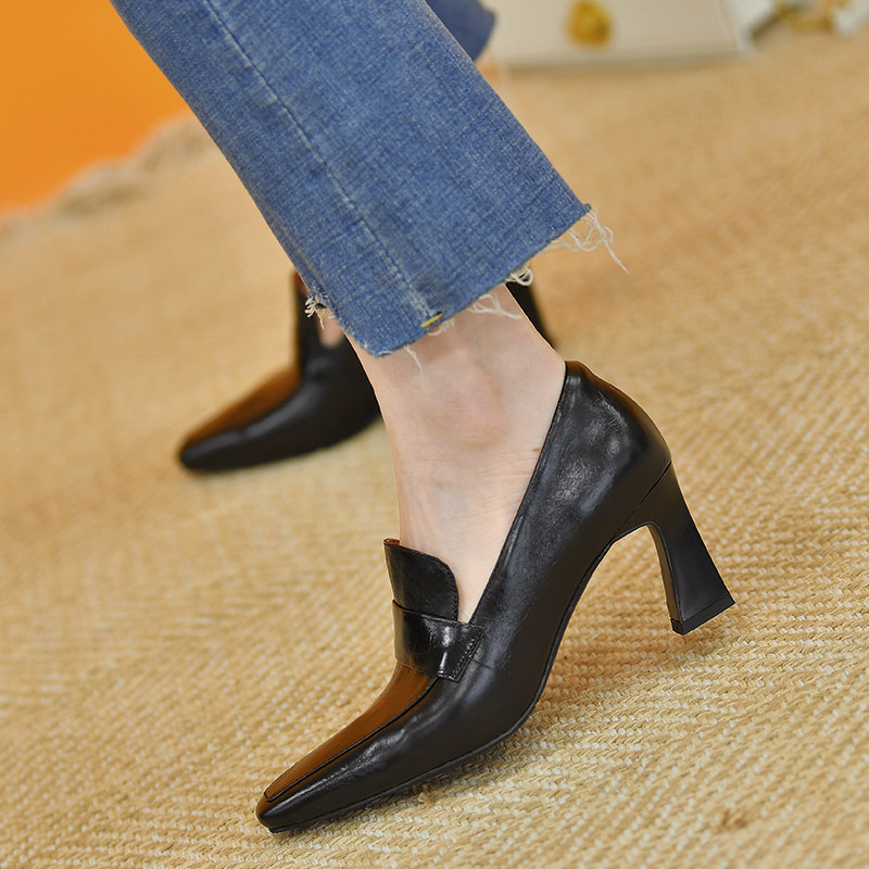 皮厚先生 2024春季新款小方头女鞋 真皮粗跟小皮鞋高跟鞋深口单鞋,淘宝优惠券,粉丝福利购,淘宝优惠卷