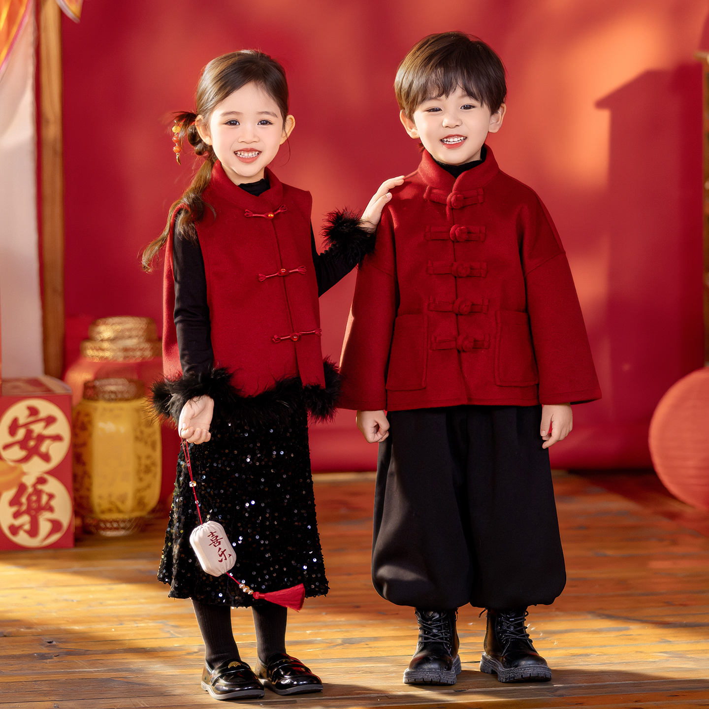 汉服男女童国风童装套装加绒红色拜年服宝宝秋冬元旦儿童表演出服 - 图0