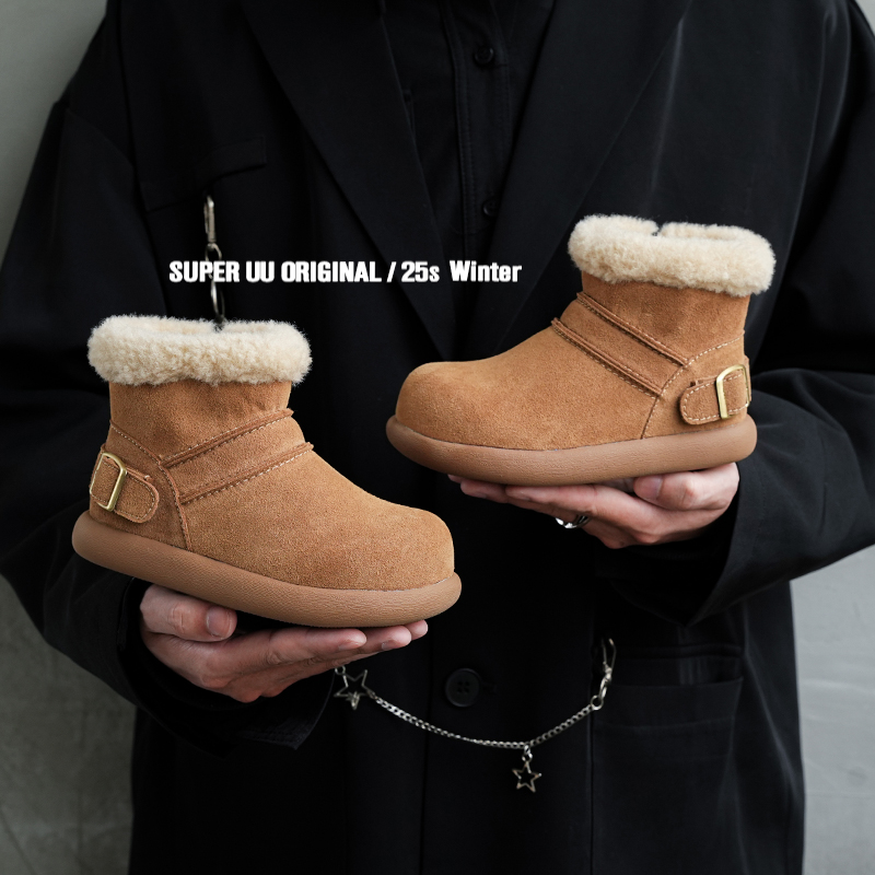 冬季真皮儿童雪地靴英伦风加绒加厚女童棉鞋保暖男童鞋子宝宝鞋 - 图0