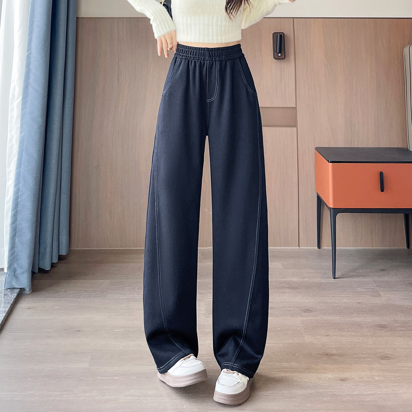 丹宁蓝新款弯刀阔腿牛仔裤女士大码裤子松紧腰弹力宽松直筒裤秋季,淘宝优惠券,粉丝福利购,淘宝优惠卷