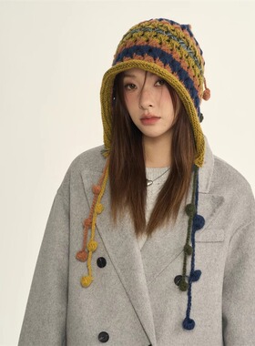 韩版时尚设计师款手工钩针彩色球毛线帽子女秋冬系带流苏套头冷帽