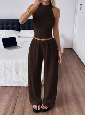 Two-piece Set Women's Basic Solid Crop Top & Wide Leg Pants,