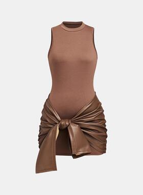 Women's Sveless Mini Dress with Front Tie PU Decoration,