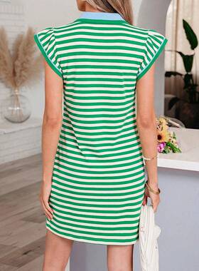 Women's Summer Striped Vneck Casual Dresses Contrast Collar