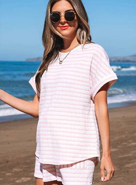 Women's Stripe Knitted Short Sve Top and Drawstring Shorts