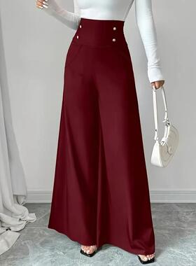 Women's Solid Color Basic Button Decor High Waist Wide Leg