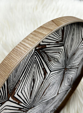 茶色圆形托盘木质收纳盘马毛托盘菱形千眼轻奢真马毛新款高颜值