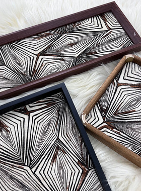 马毛菱形千眼天然胡桃木茶盘镶铜角家用实木质托盘轻奢新款收纳盘