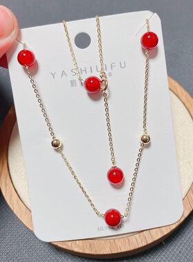 雅施丽芙银饰通体S925纯银红色玛瑙光面小球时尚锁骨项链女百搭潮
