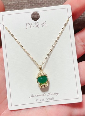 简悦银饰通体S925纯银绿色玉髓小葫芦弥勒佛银杏叶锁骨项链潮