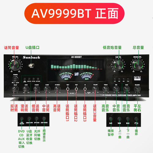 新款7.1声道蓝牙6.0大功率功放机独立重低音光纤同轴家用影院唱歌 - 图0