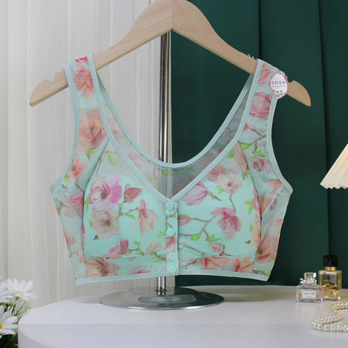 前扣内衣女大码网纱印花超薄透气美背背心式上托防下垂文胸无钢圈 - 图1