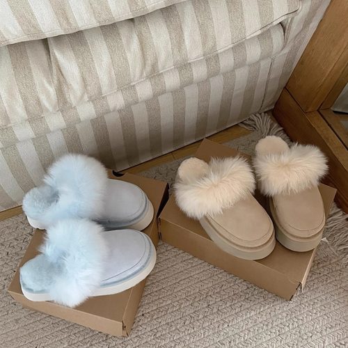 桑坡2025秋冬新款毛毛厚底百搭包头拖防滑保暖长绒毛一脚蹬雪地靴 - 图1