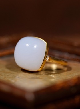 苏工纯手工18k金镶嵌新疆和田玉羊脂白玉方糖戒指女款简约百搭款