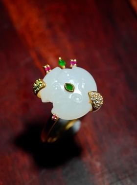 18k古法金镶嵌和田新疆籽料羊脂白玉荷花莲花女款戒指