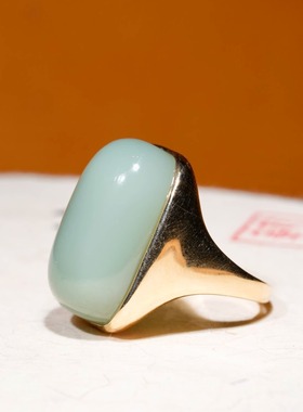 和田玉碧玉粉青金镶玉蛋面戒指18k金面包面戒指指环