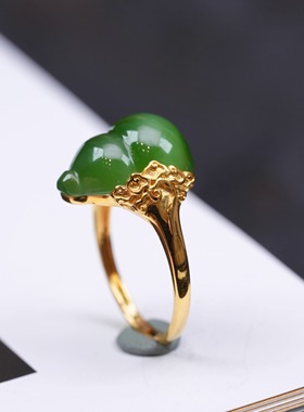 和田碧玉18k金镶嵌复古风俄碧葫芦冰底猫眼女款戒指