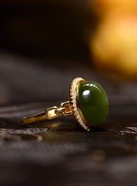 天然和田玉俄罗斯碧玉黑猫眼戒指女款18k金镶嵌时尚百搭饰品礼物