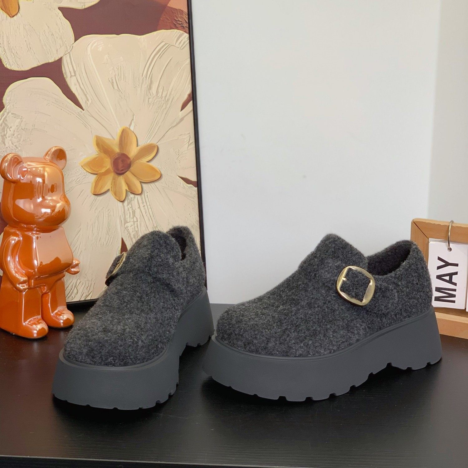 复古灰色毛呢绒面勃肯鞋2025冬季加绒魔术贴小个子女松糕厚底棉鞋,淘宝优惠券,粉丝福利购,淘宝优惠卷