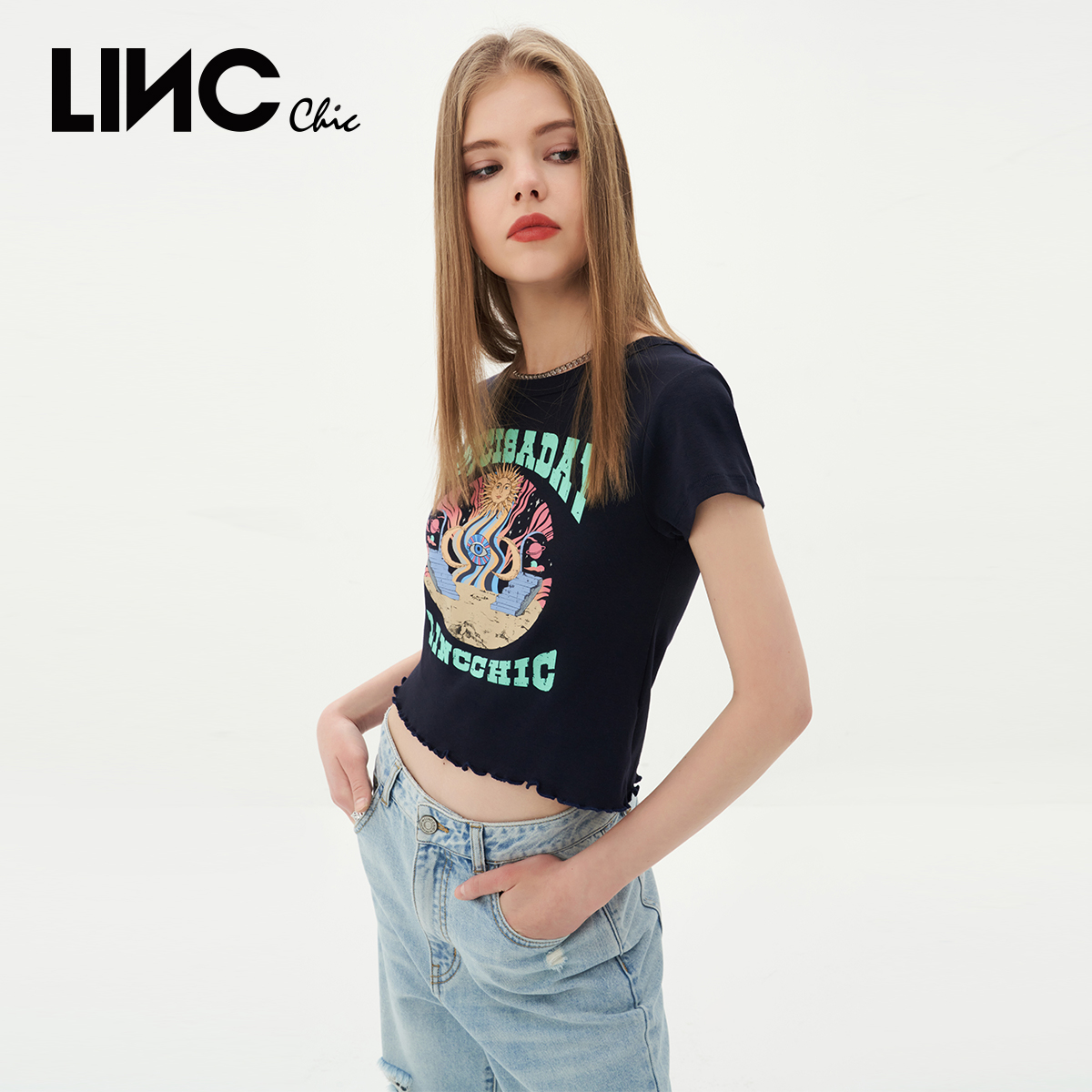 【甜酷小T合集】LINC金羽杰春夏复古印花短袖T恤女S232FK247Y