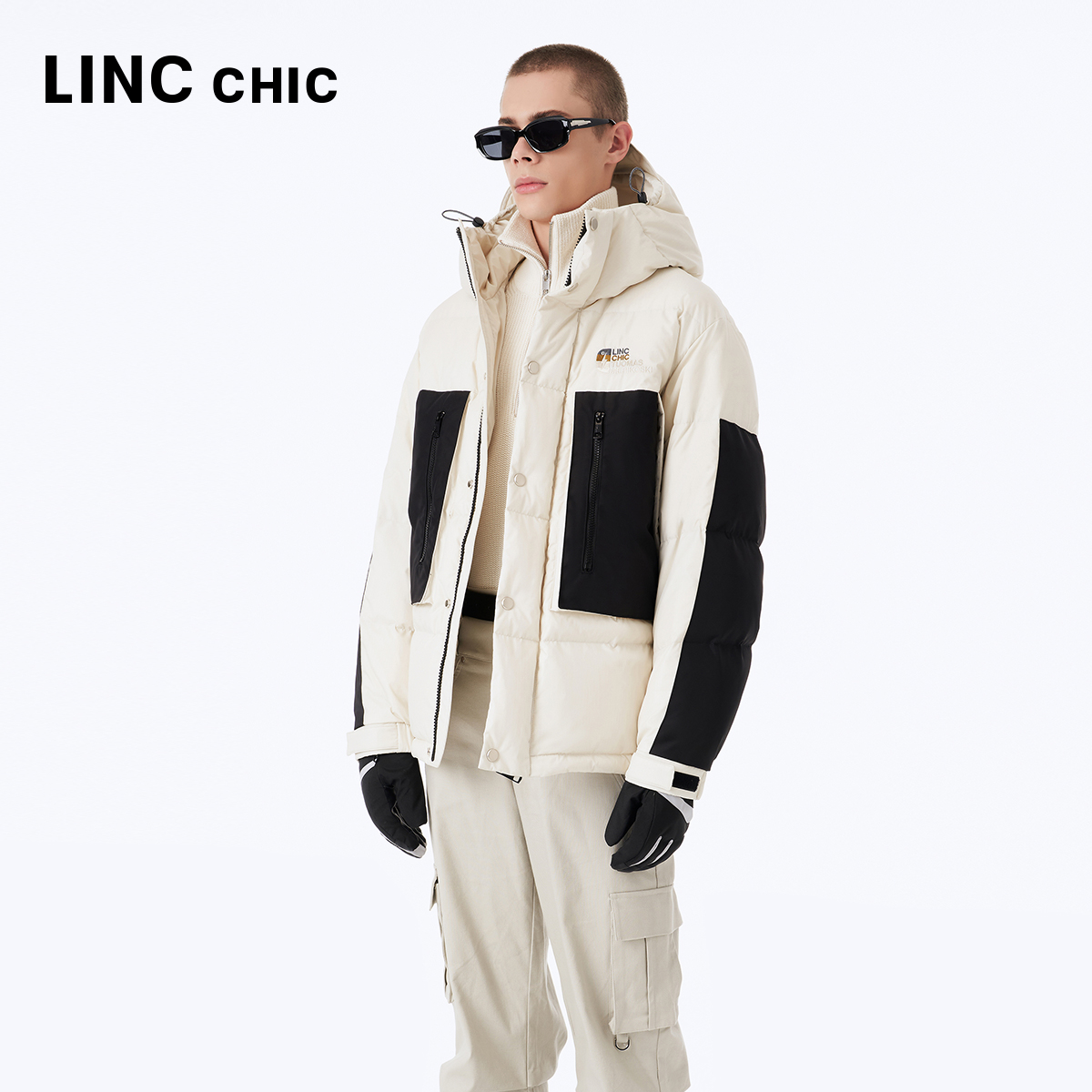 LINC金羽杰短款羽绒服男冬季2023新款拼接赛车感面包服N23801290Y