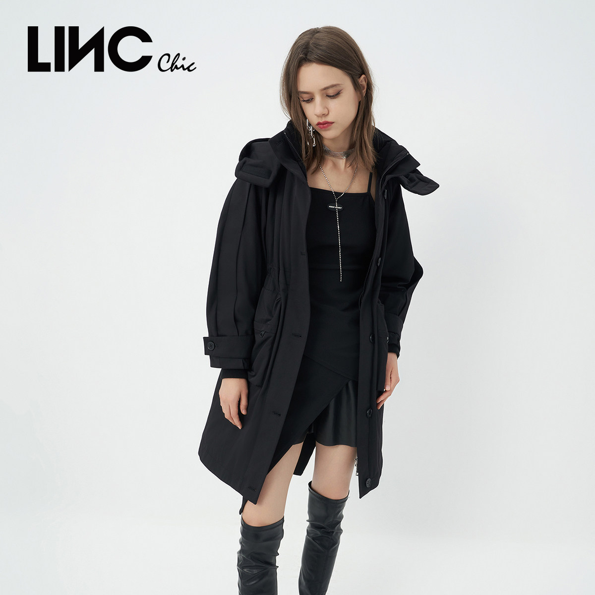 LINCCHIC金羽杰羽绒服女轻奢风衣感通勤长款羽绒服女冬季806399