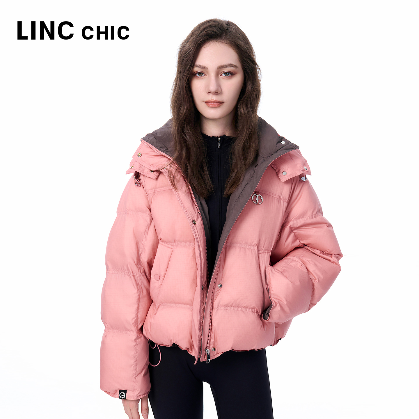 LINCCHIC金羽杰2025年冬季新款羽绒服落肩围裹感连帽羽绒服女1188
