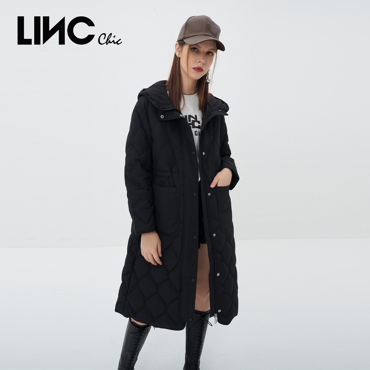 LINCCHIC金羽杰羽绒服风衣感连帽简约长款羽绒服女反季Y22808207