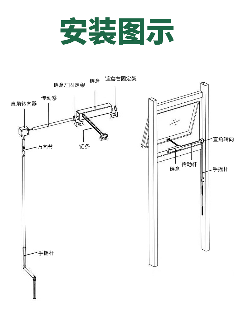 多功能不锈钢手摇链条式手动开窗器平开窗上悬窗消防天窗开窗