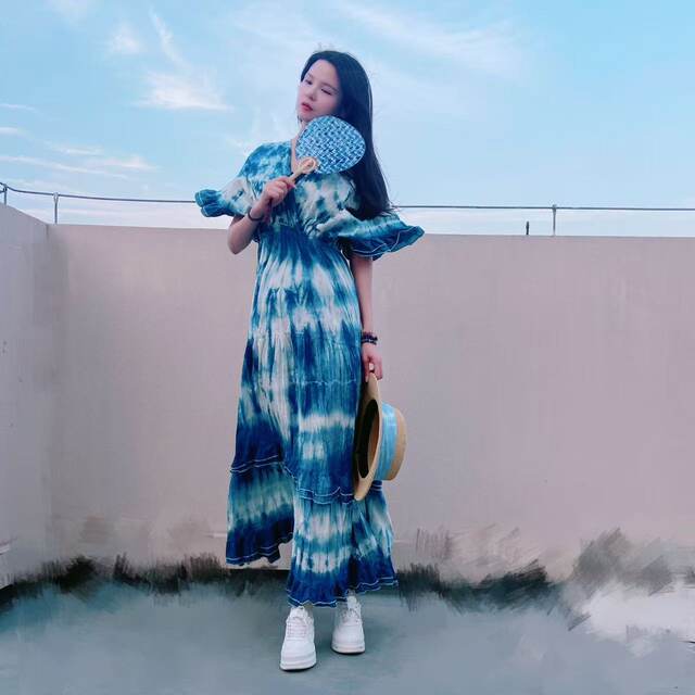 Yiche ຝ້າຍບໍລິສຸດຕົ້ນສະບັບ tie-dye strappy ruffle backless