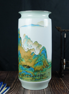 仿古分彩书画筒景德镇中式陶瓷家居客厅装饰花瓶工艺品摆件