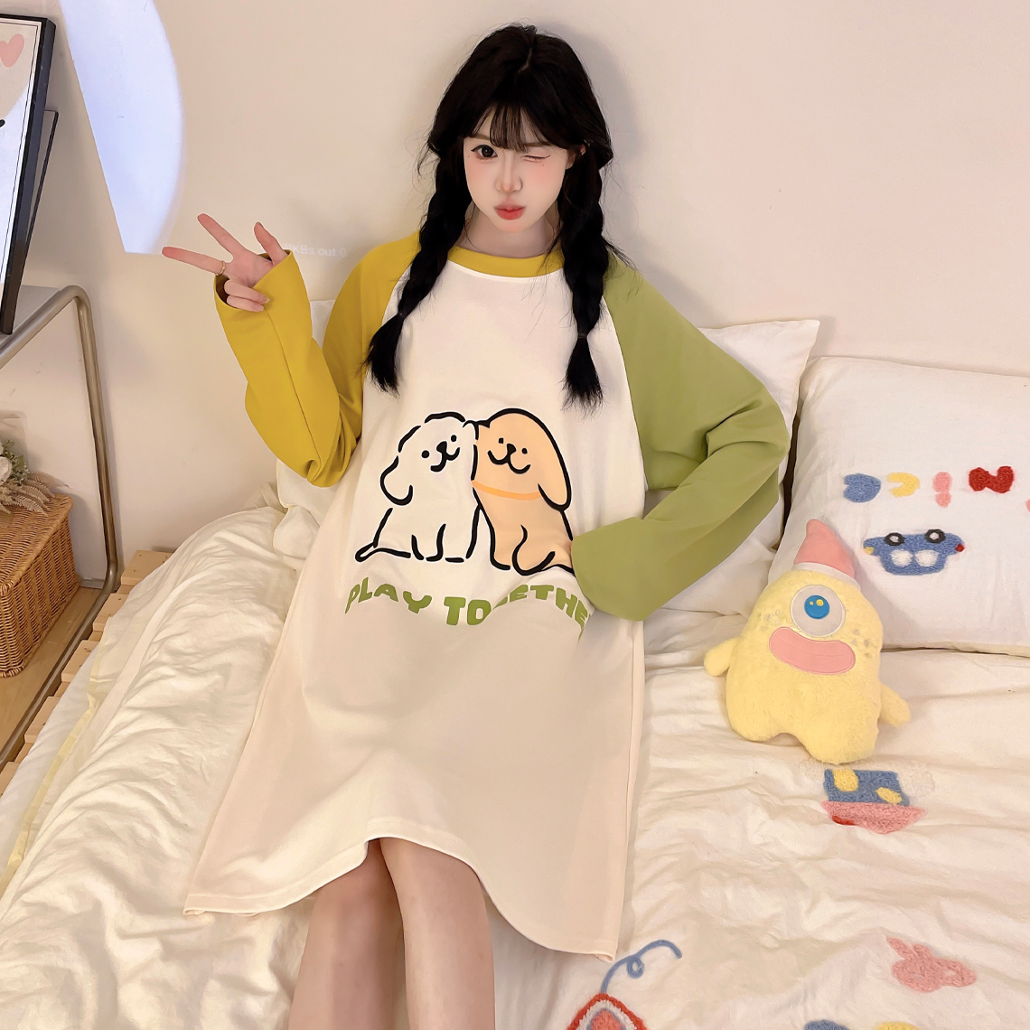 线条小狗睡裙女长袖纯棉2025新款春秋季睡衣中大童女生可爱家居服 - 图0