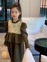 Girls bar suede one-piece dress Long sleeves foreign air 2023 autumn fit new childrens baby baby Han version green princess dress