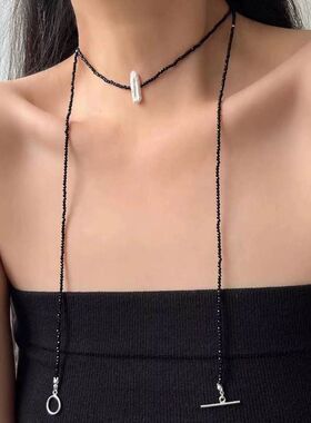 天然异形珍珠黑尖晶长款项链小众新中式轻奢叠戴双层毛衣链颈链