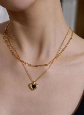 欧美复古双层叠戴黑玛瑙爱心项链女轻奢高级感设计优雅气质锁骨链