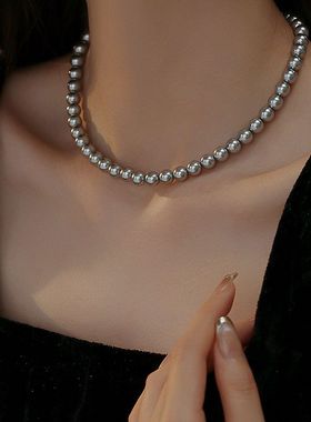 进口施家真多麻灰色珍珠项链女款S925纯银毛衣链轻奢高级感锁骨链