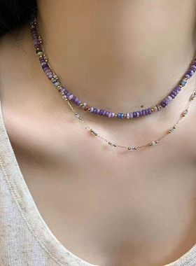 轻奢新中式算盘珠紫色系天然石串珠项链ins小众设计叠戴颈链批发