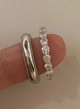 S925纯银简约百搭浪漫情侣求婚对戒叠戴满圈排钻戒指男女镶钻指环