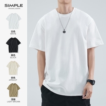 Three-moto-pin days 260g heavy lbs short sleeve t-shirt mens pure cotton round collar loose pure color white undershirt summer