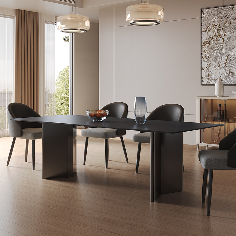 德利丰岩板餐桌简约现代黑色岛台餐桌椅组合意式极简家用长方形桌 - 图1