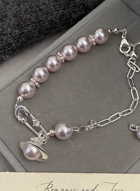 法式浪漫气质施家珍珠项小众设计土星抽拉手链项链耳钉女精致饰品