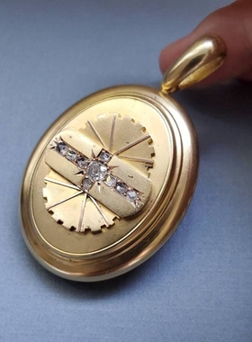 Vintage古董 19世纪维多利亚时期 15K黄金镶嵌钻石复古照片盒吊坠