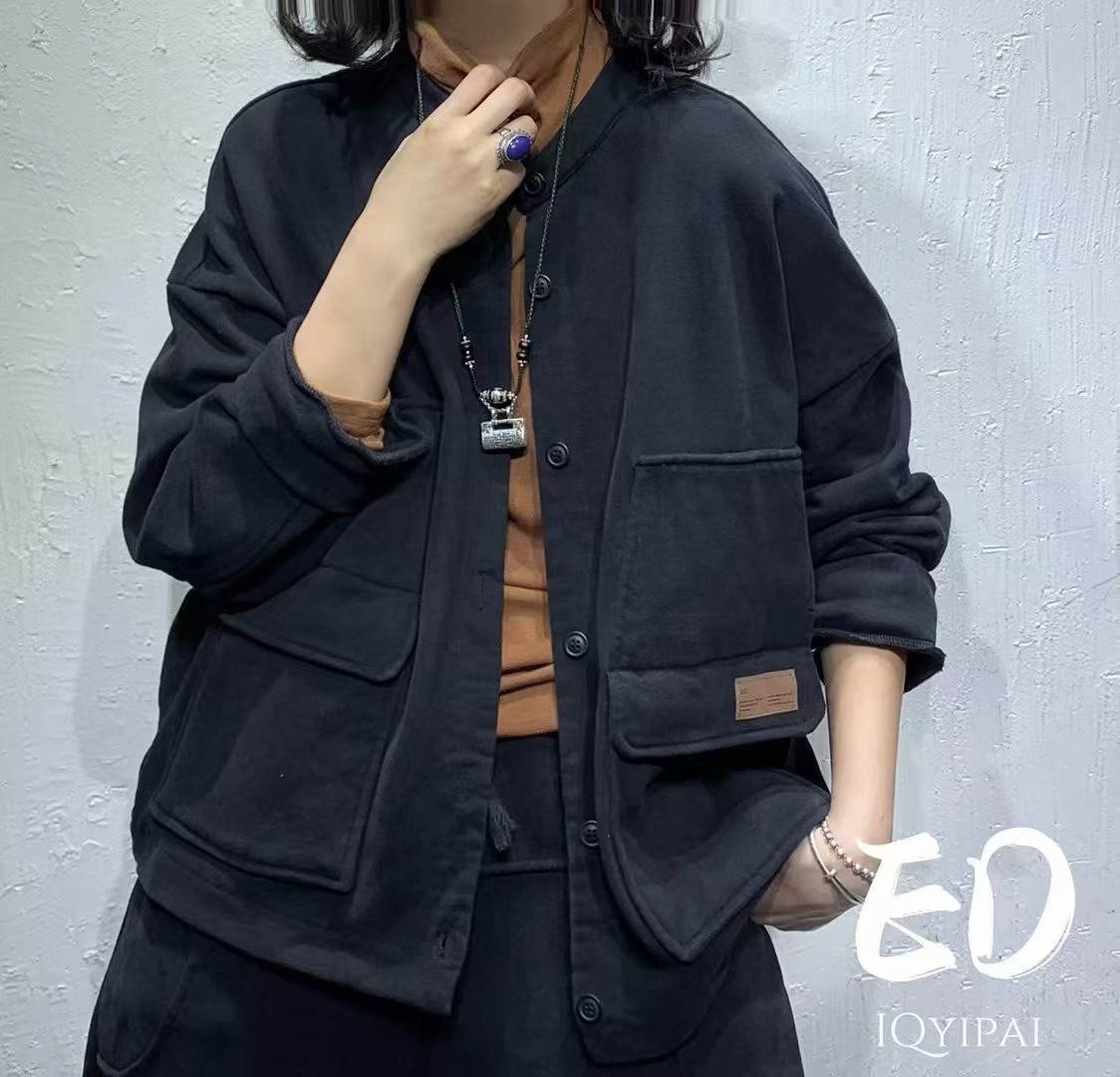 7173#秋冬宽松百搭纯色加厚加绒卫衣外套复古休闲圆领外搭外套 - 图0