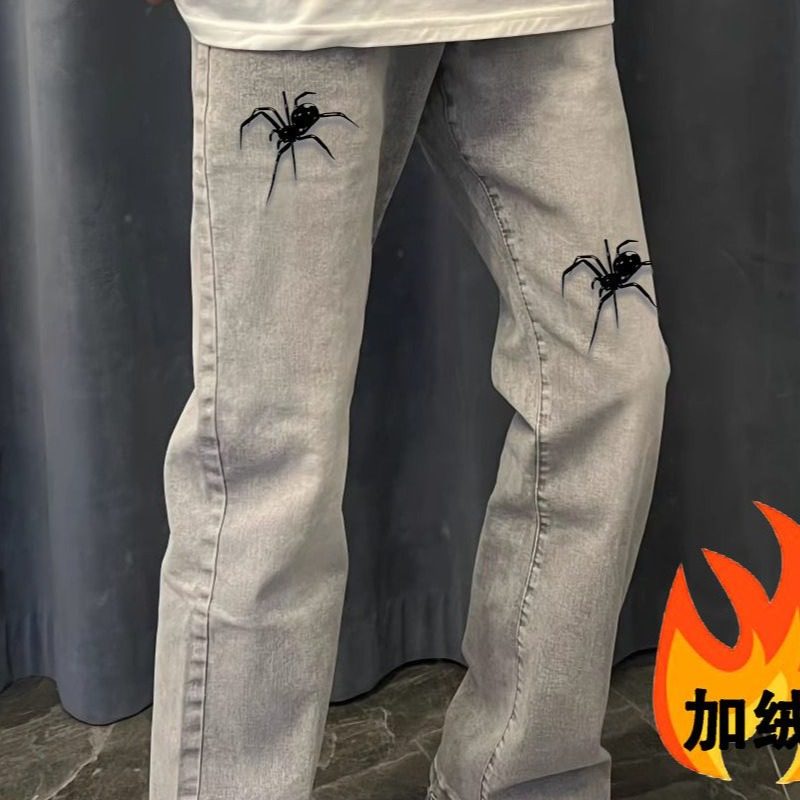 中大童美式高街印花蜘蛛牛仔裤休闲潮ins直筒黑色烟灰色裤子男款,淘宝优惠券,粉丝福利购,淘宝优惠卷
